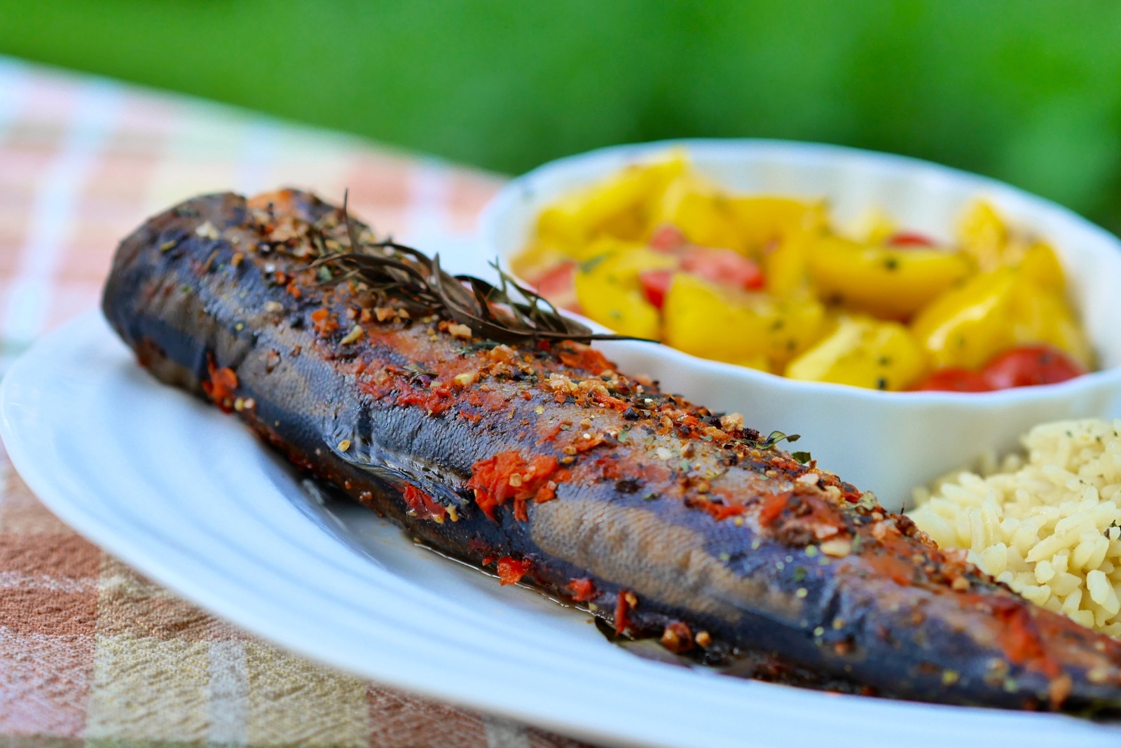 Truite au four à l'estragon, servie avec un bon riz et une salade de poivrons et tomates à l'ail, le tout dégusté au coin du potager!